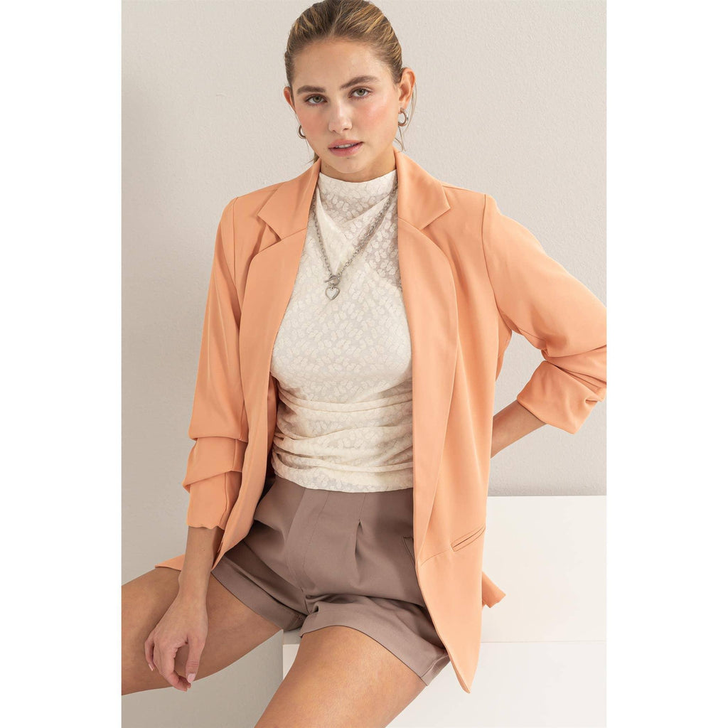 HF24E176-D-RUCHED SLEEVE OPEN-FRONT BLAZER