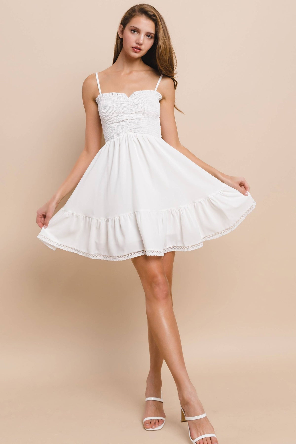 Smocked Babydoll Mini Dress with Lace Trim