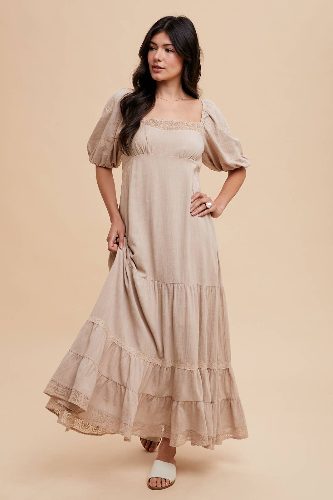Linen Color Lace Inset Maxi Dress for Elegant Occasions