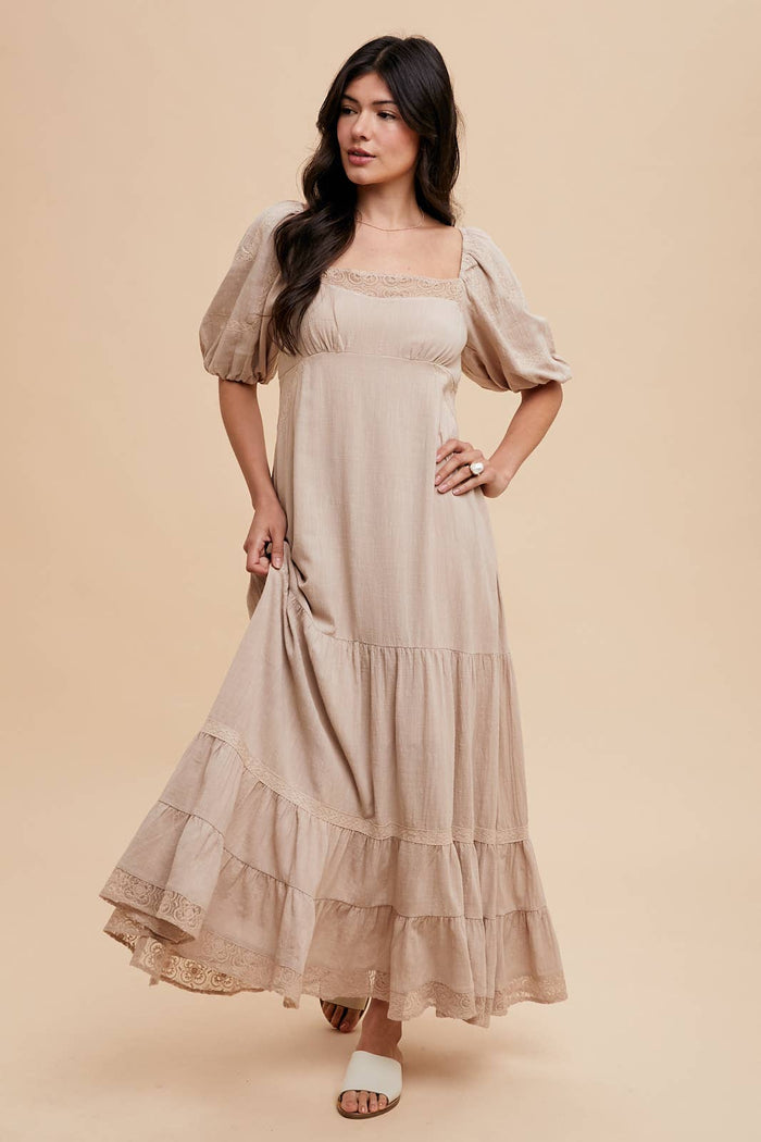 Linen Color Lace Inset Maxi Dress for Elegant Occasions