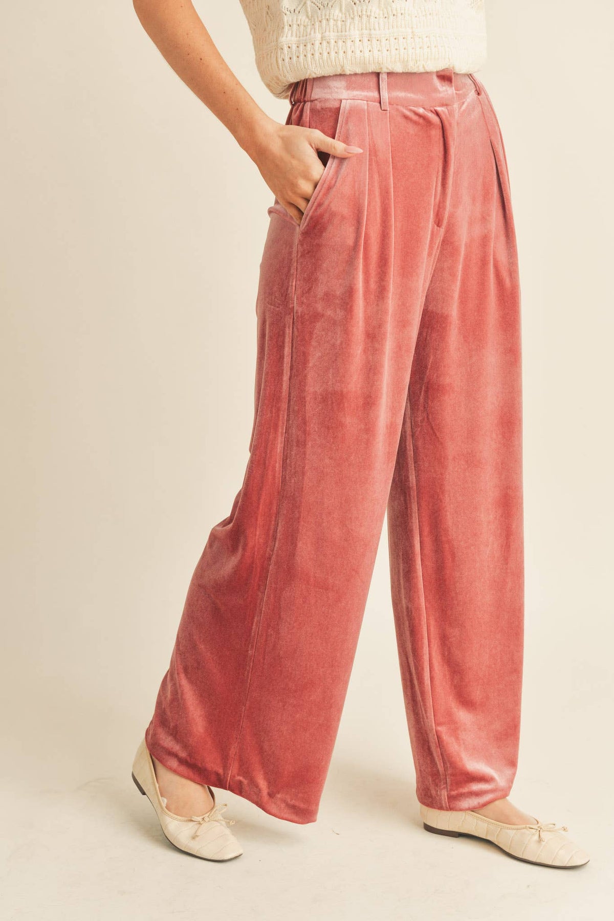 Wide Leg Velvet Trousers - Rose Mauve