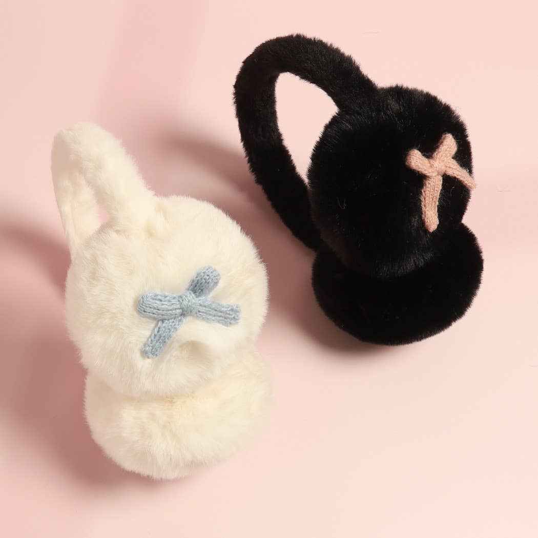 Bow Detailed Faux Fur Luxury Soft Earmuffs Black for Women