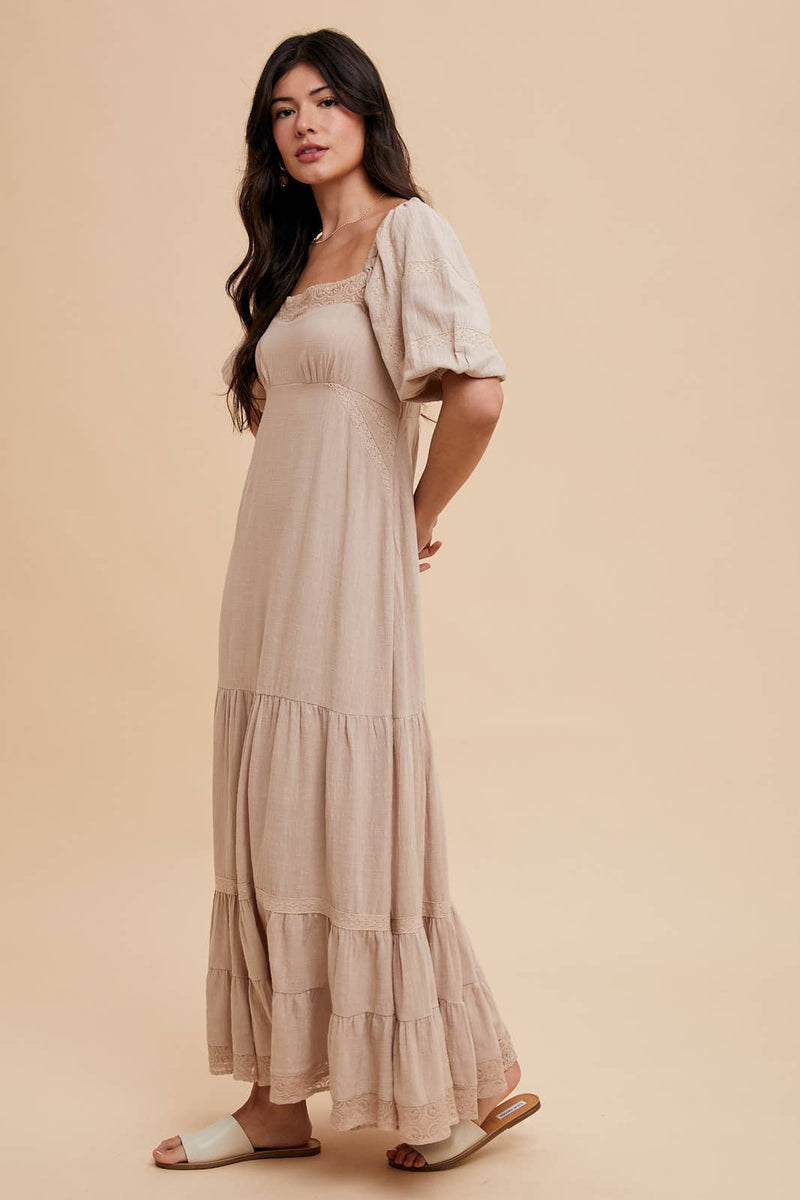 Linen Color Lace Inset Maxi Dress for Elegant Occasions