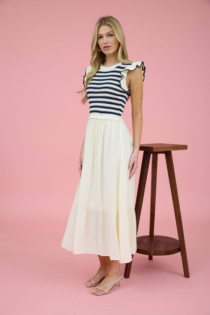 Blu Pepper Maxi Dresses: Womens Stripe Knit Top With Mixed Media Midi Dress