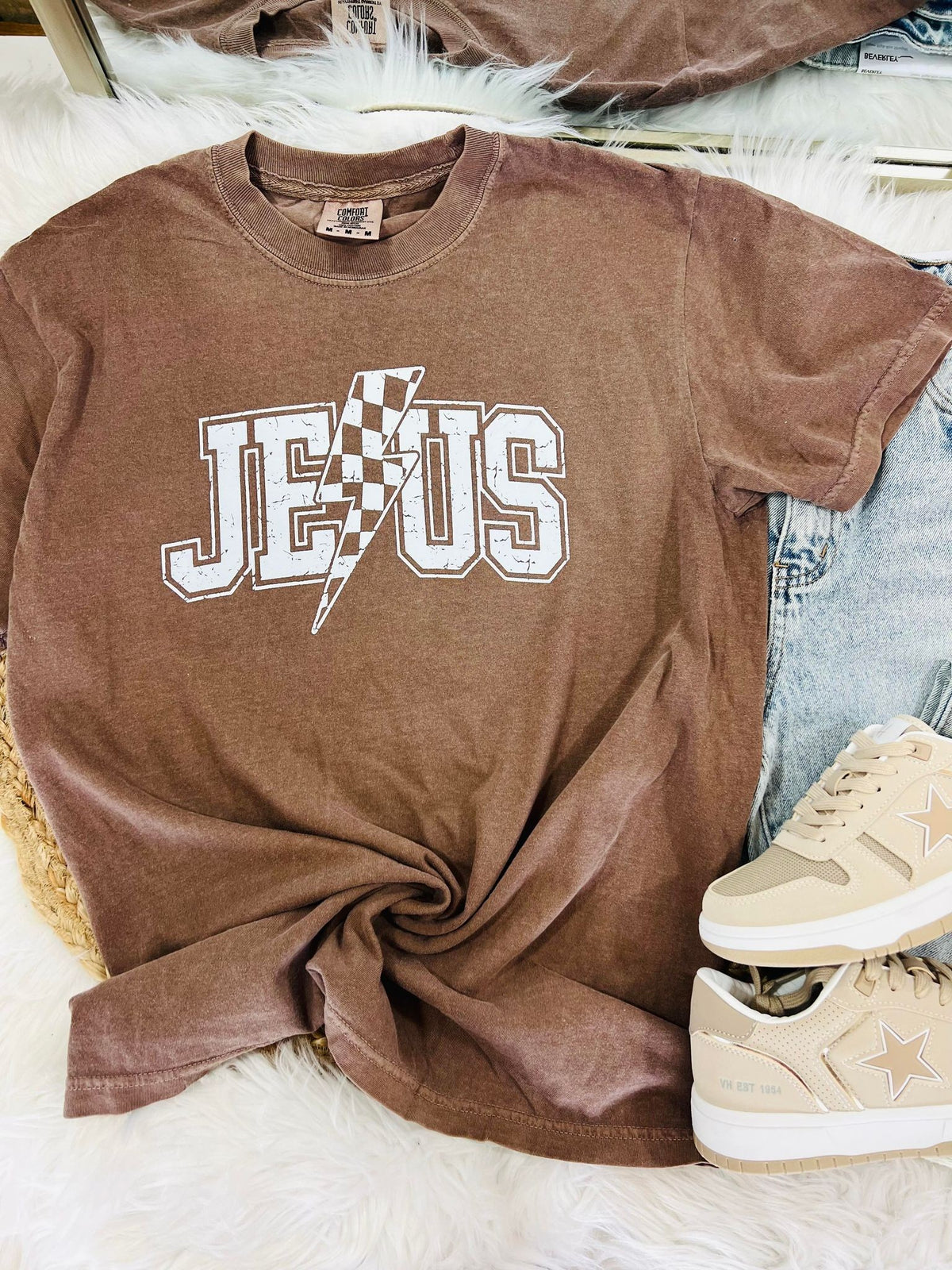 Espresso Jesus Checkered Lightening Bolt Graphic Tee Shirt