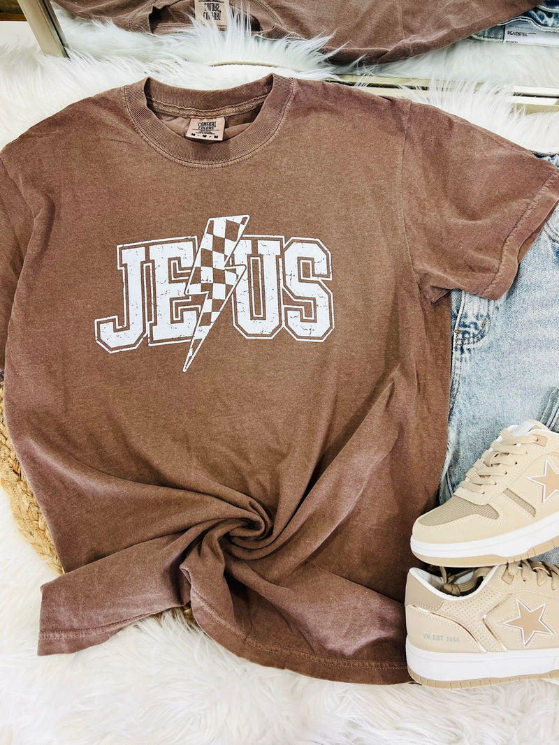 Espresso Jesus Checkered Lightening Bolt Graphic Tee Shirt