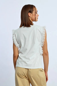 Back view of lace-trimmed sleeveless t-shirt in white – feminine and elegant casual wear at SeaJay’s Boutique