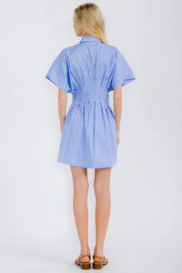 A woman wearing a striped pleated shirt dress with a collared neckline and button-up front, cinched at the waist with a belt, showcasing a chic and elegant silhouette perfect for work or casual styling.







