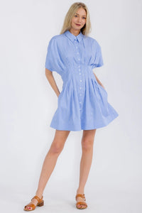 A woman wearing a striped pleated shirt dress with a collared neckline and button-up front, cinched at the waist with a belt, showcasing a chic and elegant silhouette perfect for work or casual styling.








