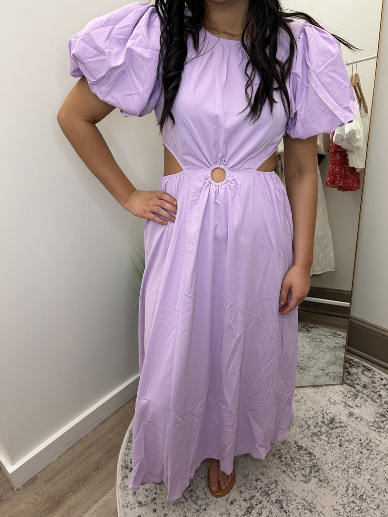Puff Sleeve Side Cut-Out O-Ring Lavender Dress