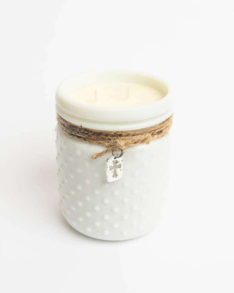 White Vintage Hobnail Jar Candle with Cross Charm